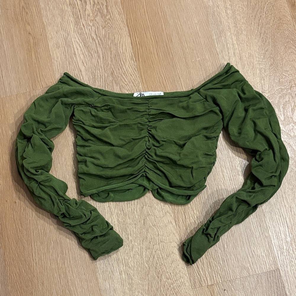 Zara Olive Off-Shoulder Ruched Crop Top
